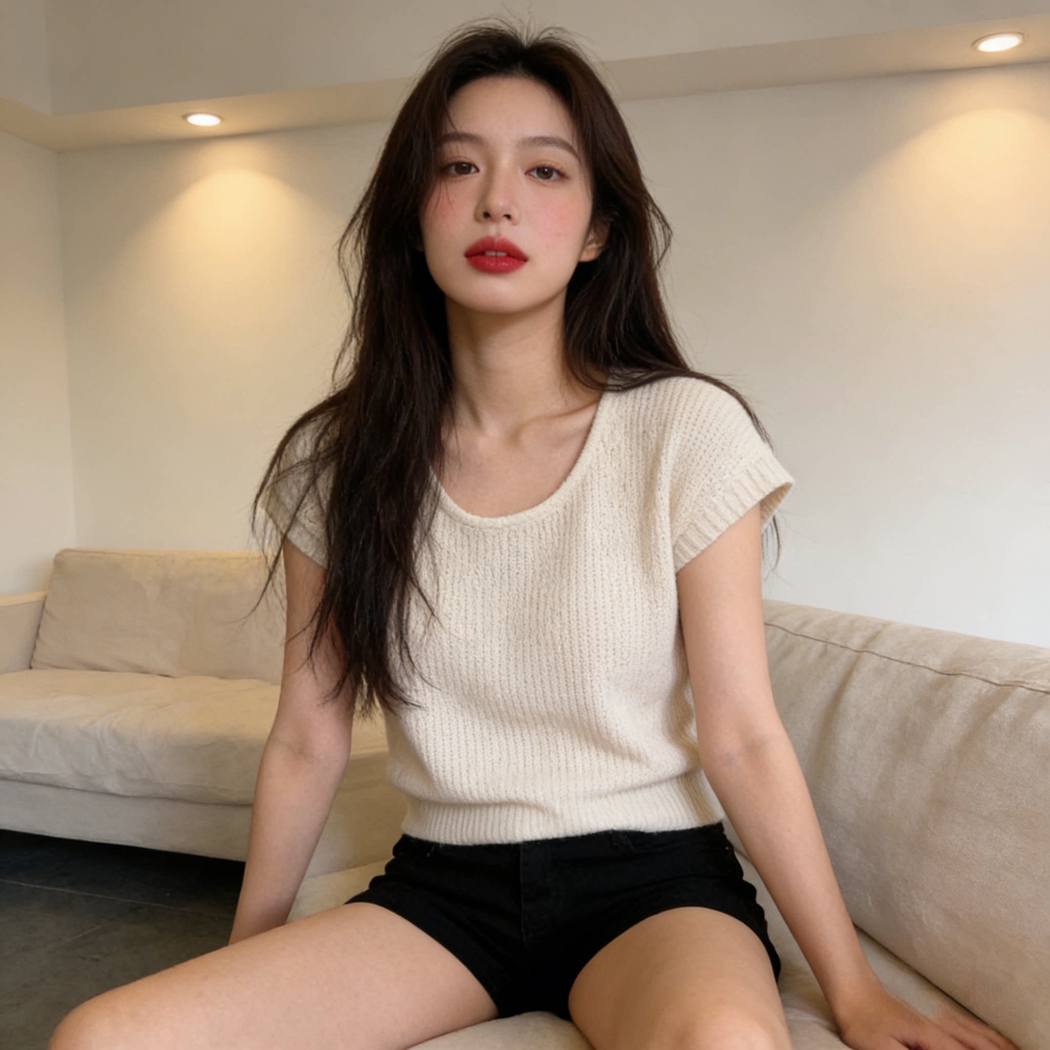 夏季正肩纯欲风修身薄款冰丝透气正肩u领短袖T恤衣女气质针织衫潮