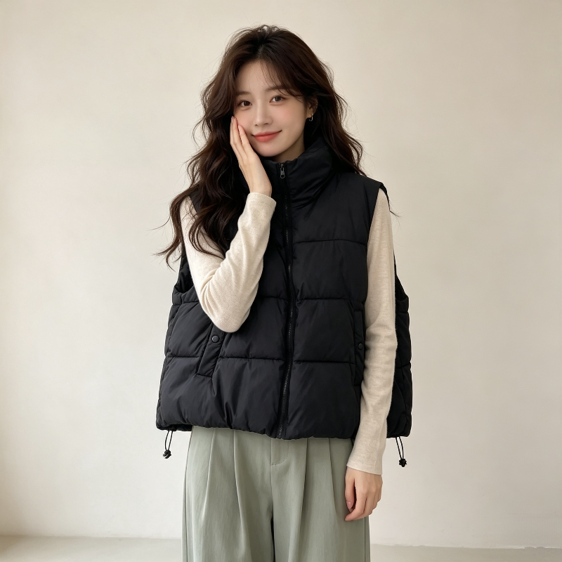 慵懒风立领宽松大码小个子无袖坎肩加厚保暖防寒棉服马夹外套女潮