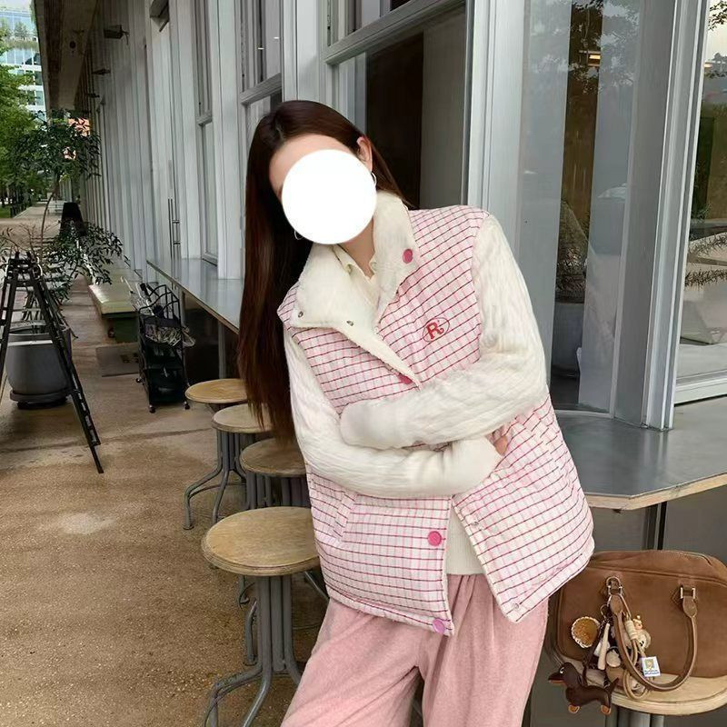 羊羔毛格子双面两穿设计感立领宽松大码小个子棉服马夹外套女减龄