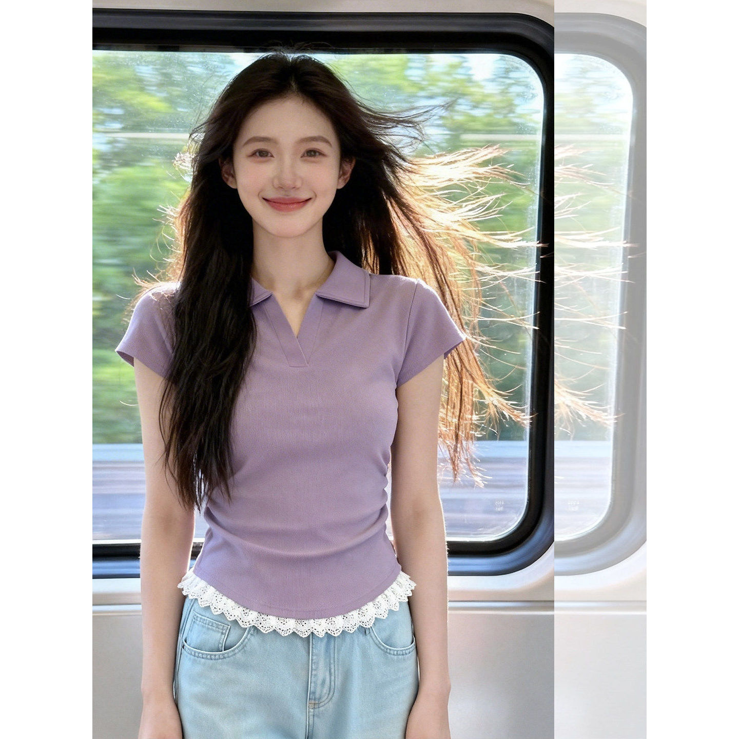 温柔风紫色减龄掐腰短款小众短袖T恤上衣女蕾丝花边拼接小飞袖潮