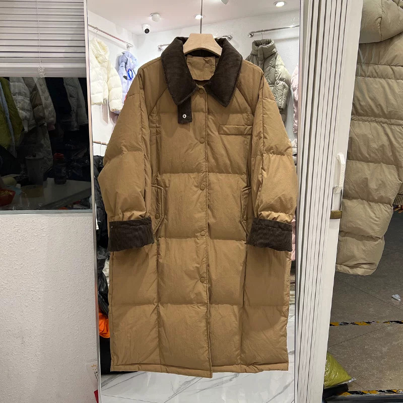 欧货翻领拼接撞色设计感冬季宽松大码休闲慵懒风中长款棉服外套女