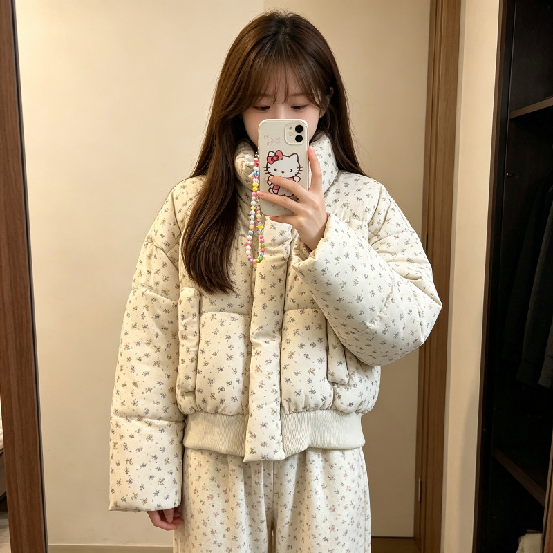 小碎花减龄立领慵懒风短款休闲百搭宽松小个子加厚棉服外套女棉袄