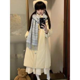 奶黄色中长款过膝连帽设计感兔子耳朵加厚保暖防寒宽松棉服外套女