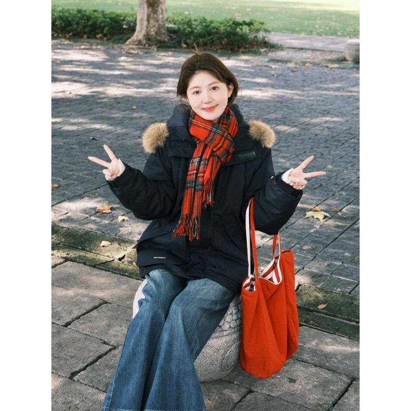 冬季连帽大毛领保暖防寒宽松大码小个子洋气休闲百搭派克棉服女潮