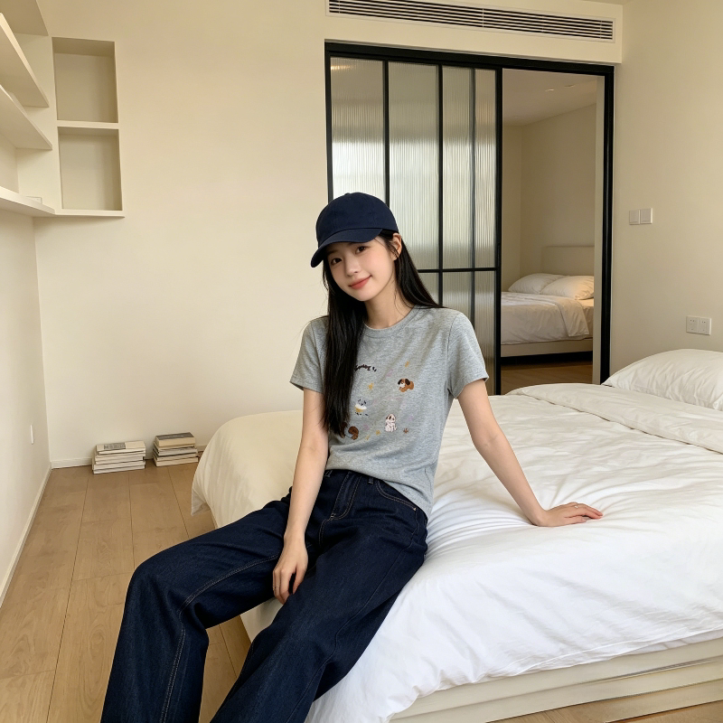 减龄百搭夏季圆领T恤卡通小狗印花修身显瘦小个子学生上衣女洋气