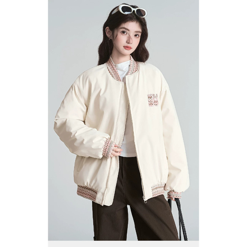 温柔风拼接撞色立领休闲宽松大码小个子加厚夹棉棉服外套女棒球服