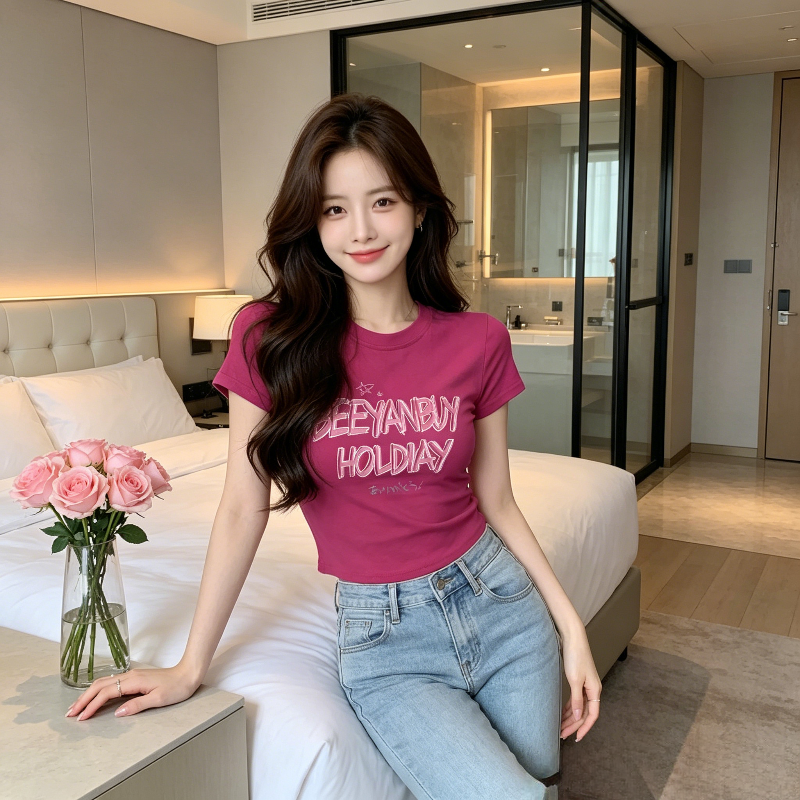 火龙果色纯欲风正肩圆领短款小众短袖T恤上衣女洋气白色小个子潮