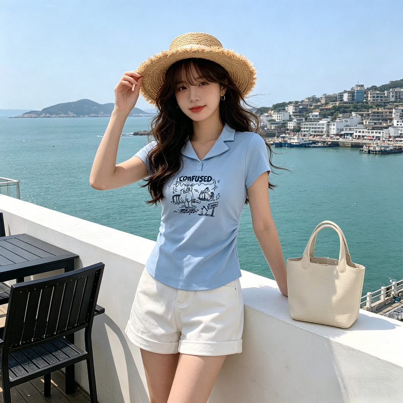 奶蓝色设计感短款掐腰修身显瘦正肩短袖T恤女小个子百搭气质上衣
