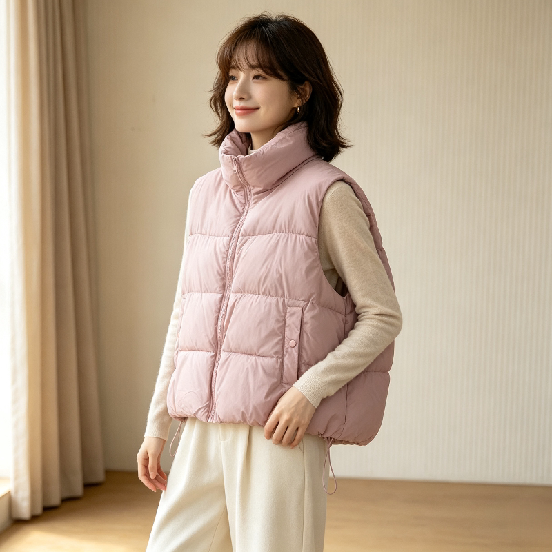 粉色温柔风减龄宽松大码小个子立领无袖坎肩加厚棉服马夹外套女潮