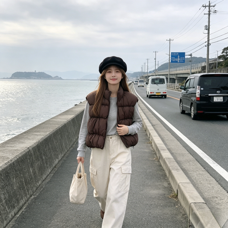 秋冬设计感短款立领oversize宽松大码小个子无袖坎肩棉服马夹外套