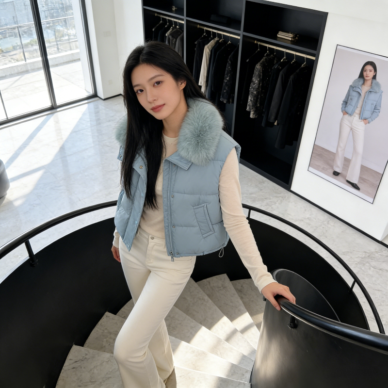 水蓝色减龄大毛领气质休闲短款宽松小个子无袖棉服马夹外套女洋气