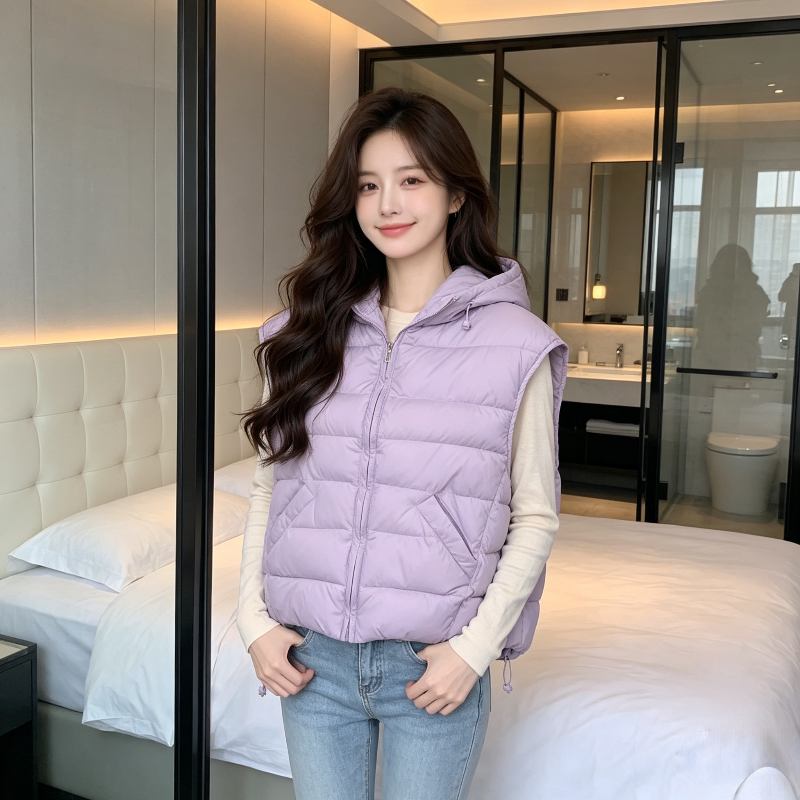 香芋紫连帽休闲宽松大码小个子无袖坎肩棉服马夹外套女减龄设计感