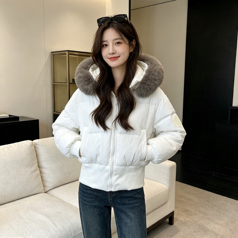 温柔风白色连帽加厚保暖防寒宽松短款小个子棉服外套女洋气百搭潮