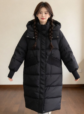 欧货冬季连帽中长款过膝加厚保暖防寒休闲宽松小个子棉服外套女潮