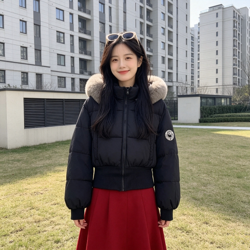 冬季大毛领加厚保暖连帽宽松小个子防寒棉服外套女收腰气质洋气潮