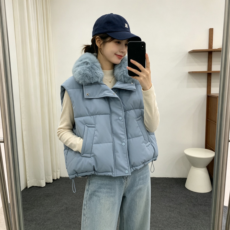 大毛领休闲宽松大码轻奢气质小个子短款百搭无袖坎肩棉服马夹女潮