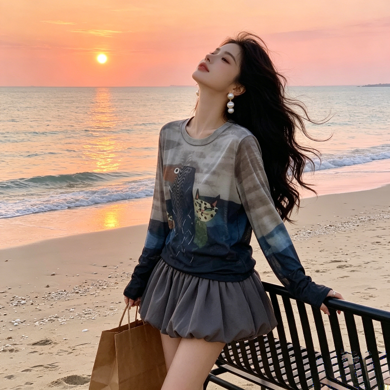 夏季薄款冰丝透气慵懒风宽松大码小个子长袖防晒T恤上衣女空调衫