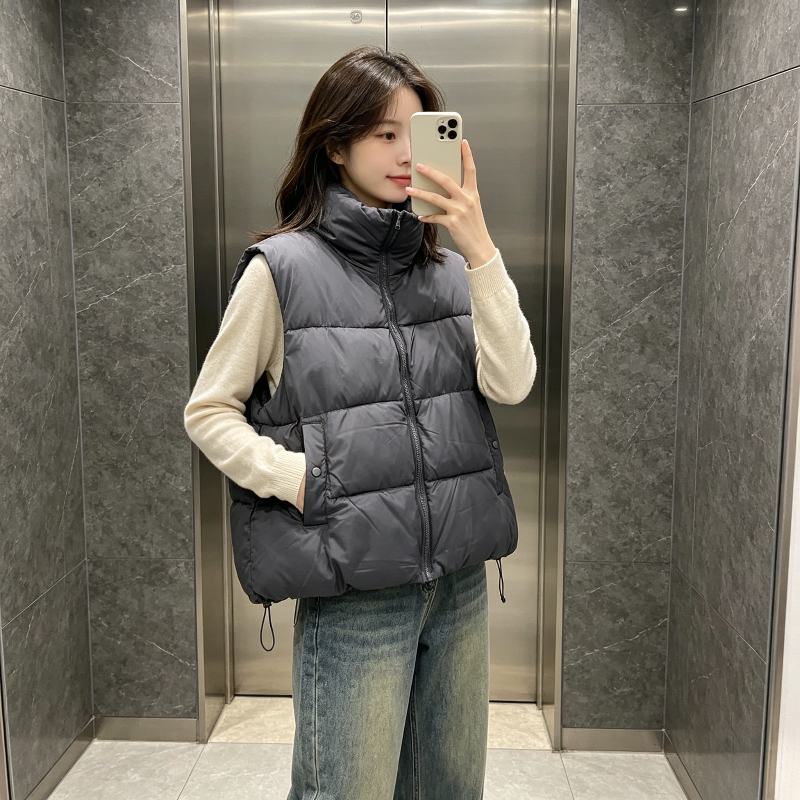 欧货慵懒风宽松大码立领加厚保暖小个子无袖棉服马夹外套女百搭潮