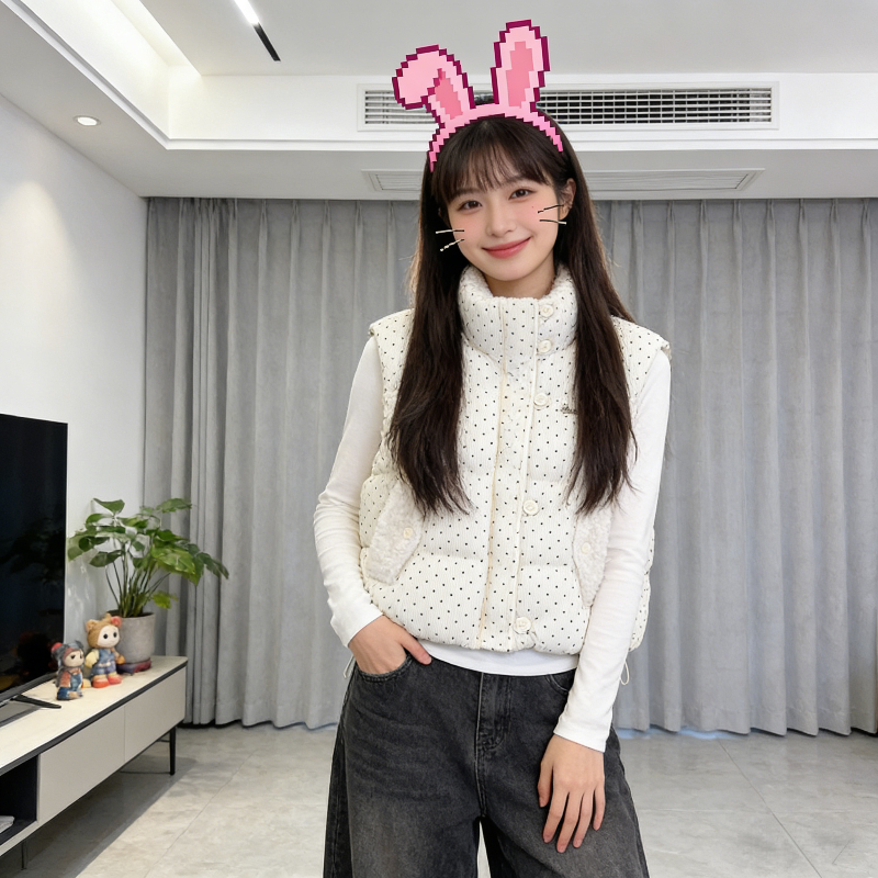 毛茸茸波点立领宽松大码小个子无袖坎肩棉服马夹外套女背心马甲潮