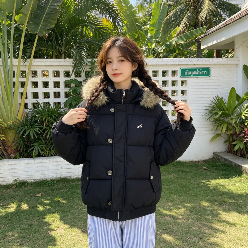 冬季大毛领欧货加厚保暖防寒宽松大码港风棉服外套女面包服棉袄潮