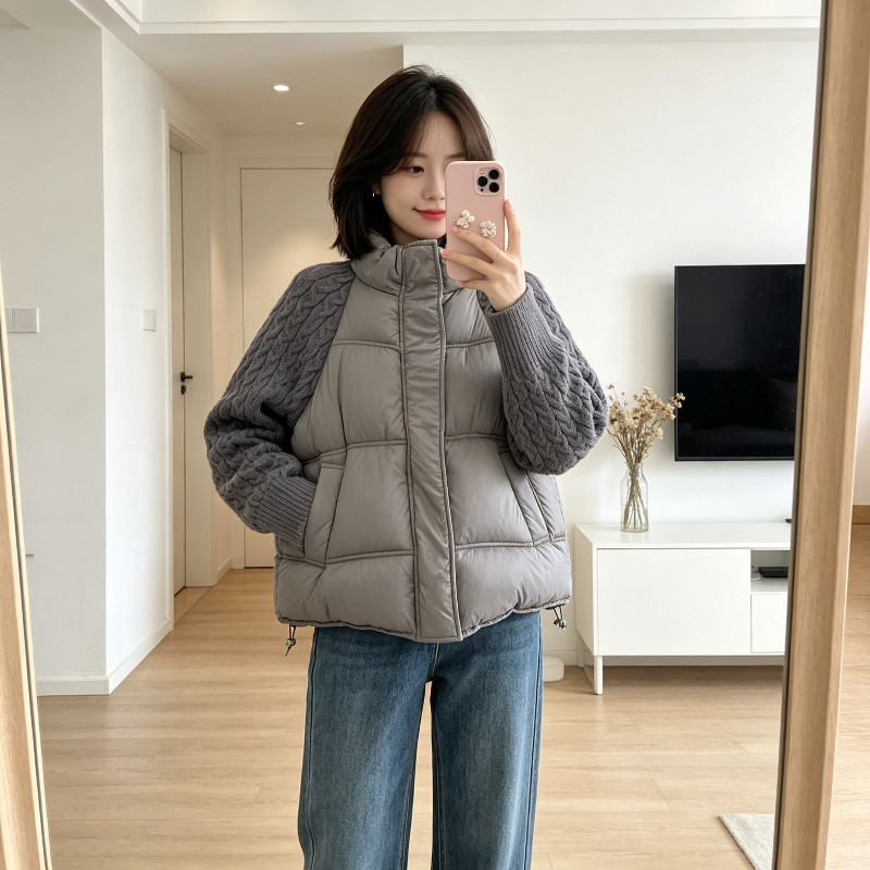 针织麻花袖子拼接设计感休闲宽松大码小个子保暖防寒棉服外套女潮