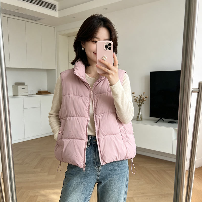 粉色慵懒风休闲宽松大码小个子加厚保暖防寒无袖坎肩棉服马夹女潮
