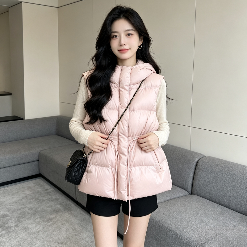 粉色减龄温柔风宽松大码连帽小个子无袖坎肩棉服马夹外套女坎肩潮