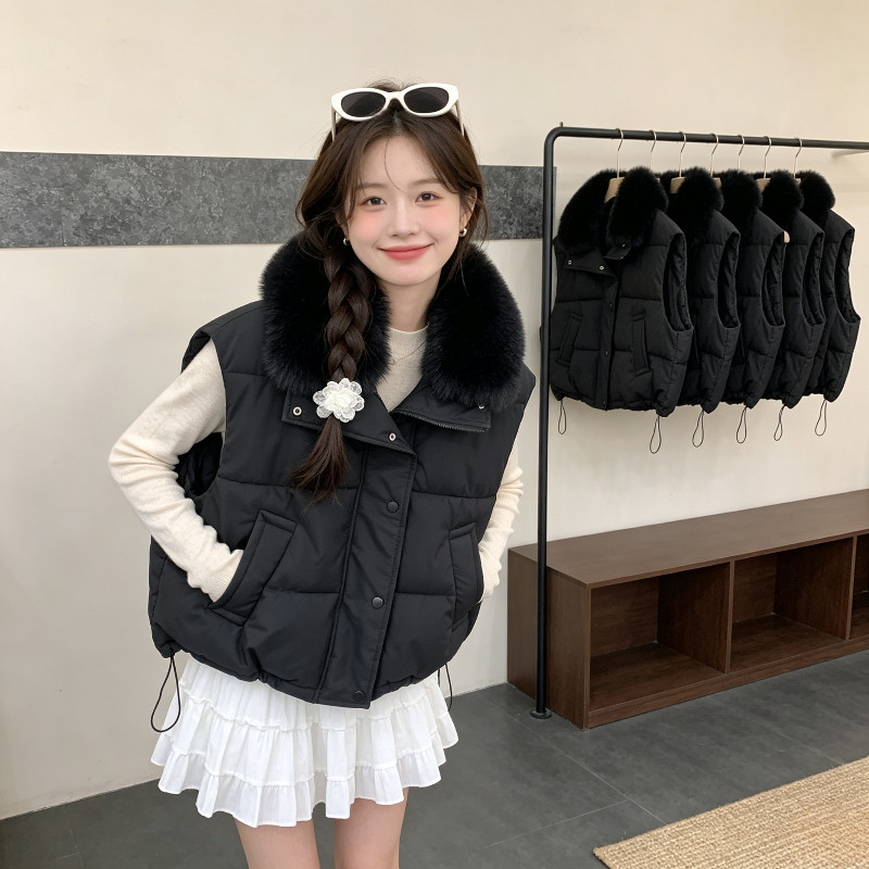 大毛领加厚保暖防寒宽松大码休闲百搭小个子无袖棉服马夹外套女潮