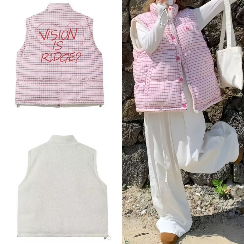 格子羊羔毛双面两穿设计感立领休闲宽松小个子无袖坎肩棉服马夹女