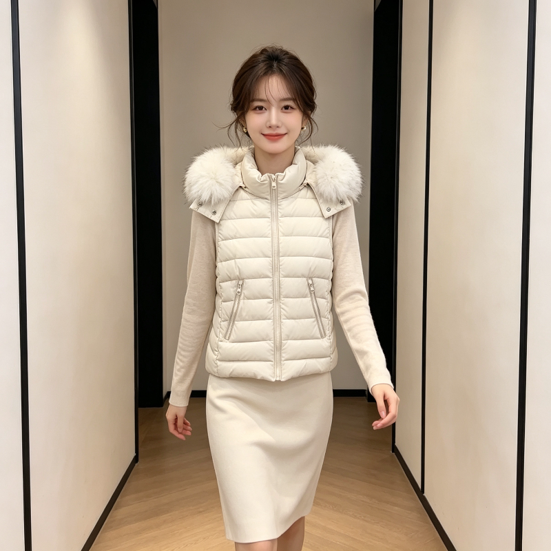 欧货轻奢气质连帽设计感大毛领修身显瘦小个子无袖排骨棉服马夹女