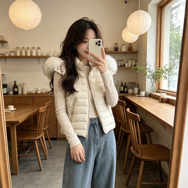 温柔风大毛领连帽秋冬设计感轻薄款排骨服无袖坎肩棉服马夹外套女