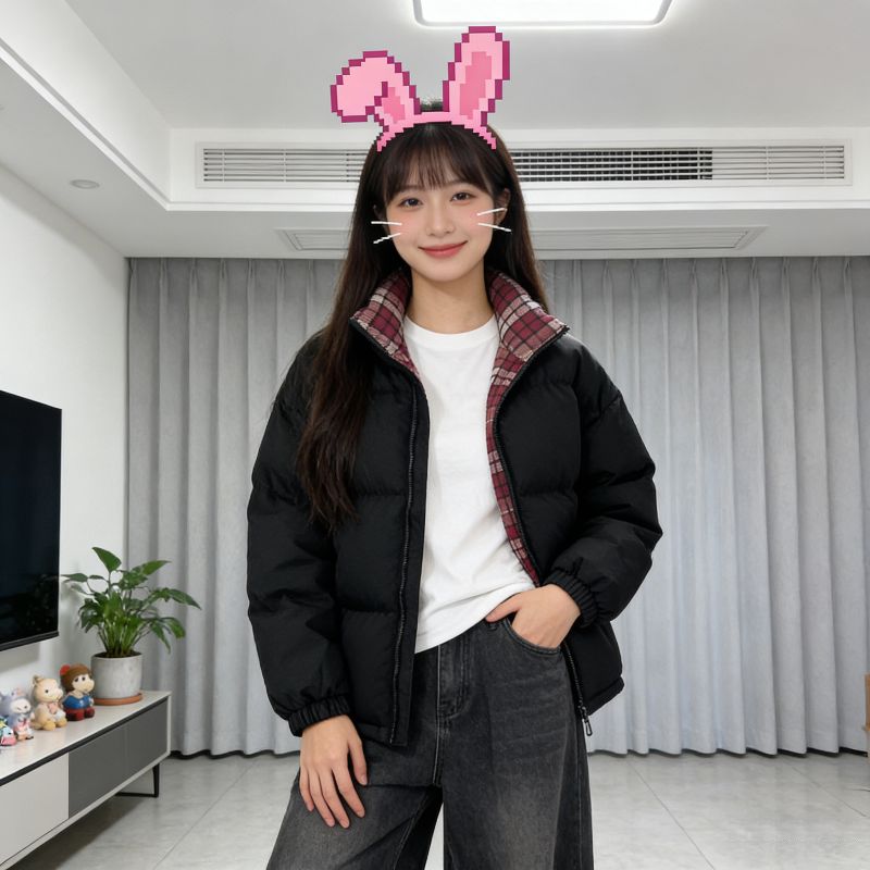 棋盘格立领拼接撞色加厚保暖防寒宽松大码小个子棉服外套女面包服
