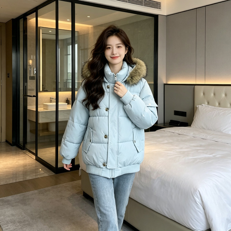 慵懒风连帽加厚保暖防寒宽松大码小个子大毛领棉服外套女面包服潮