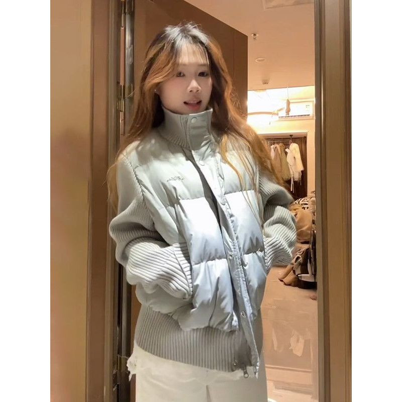 欧货针织袖子拼接休闲收腰显瘦小个子加厚保暖棉服外套女面包服潮