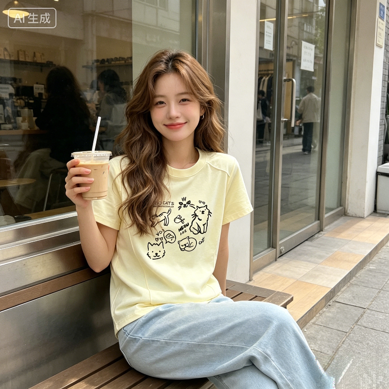 奶黄色温柔风减龄显白休闲宽松小个子正肩鱼骨线装饰短袖T恤女潮