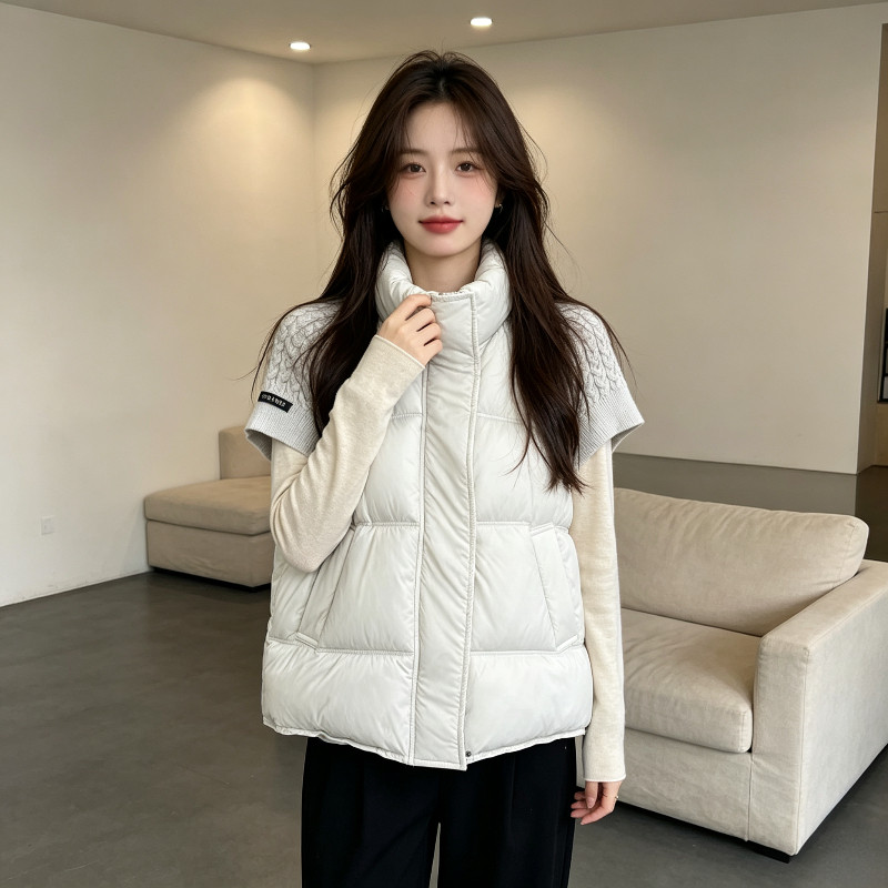 温柔风设计感针织短袖拼接休闲宽松大码小个子棉服马夹外套女气质