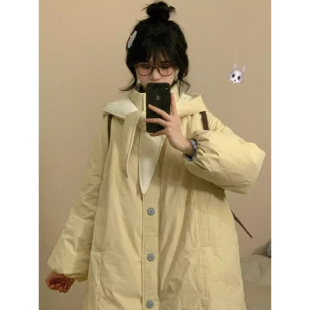 奶黄色中长款温柔风兔子耳朵设计感宽松休闲加厚保暖防寒棉服女潮