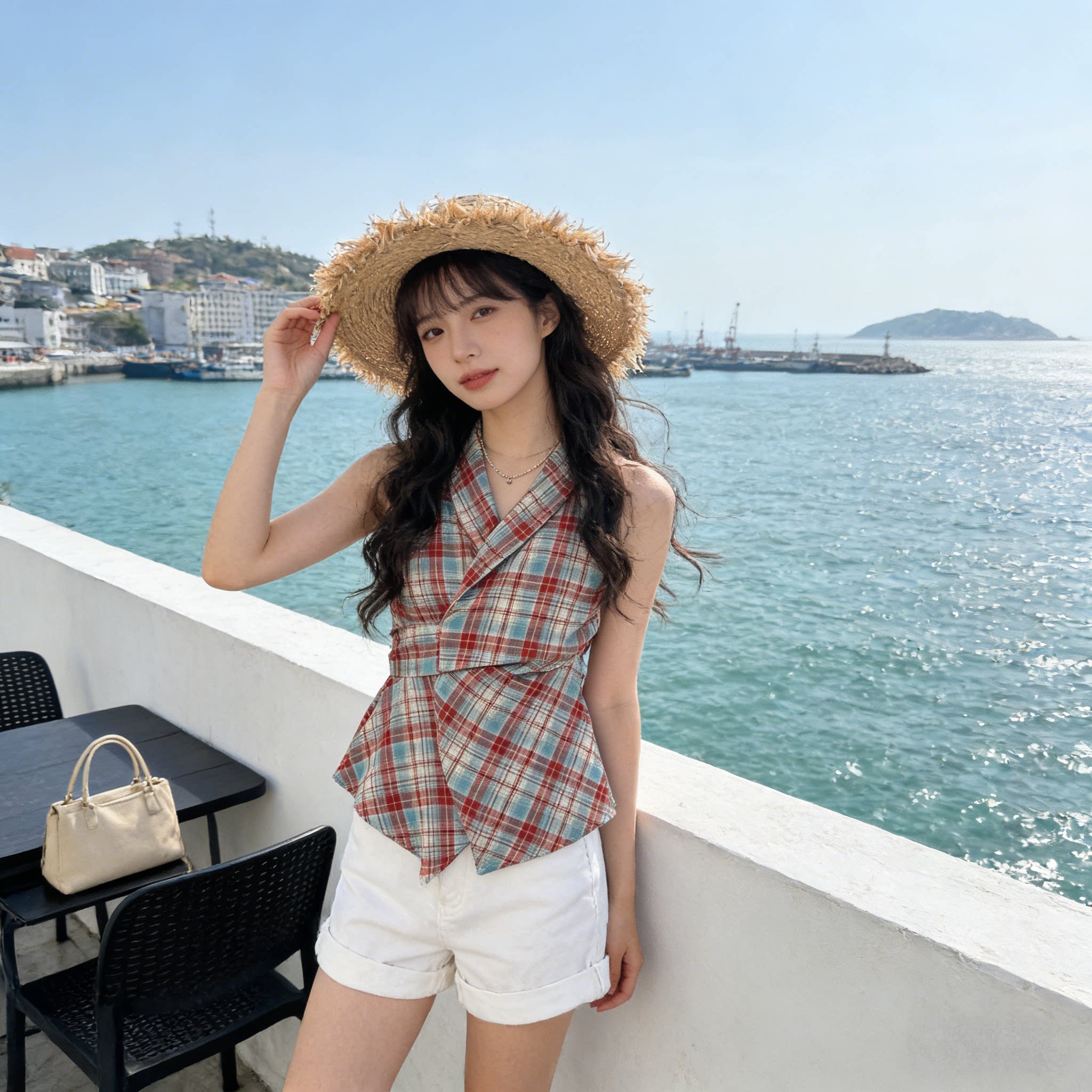 法式复古格子挂脖无袖衬衫女2026年夏季新款设计感收腰款系带背心