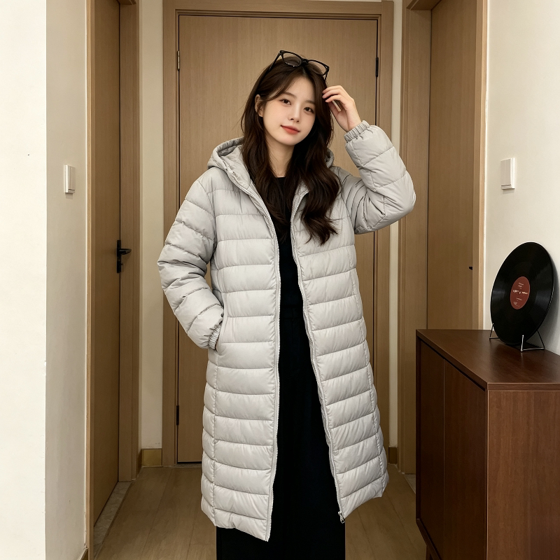 欧货中长款过膝宽松休闲百搭小个子连帽棉服外套女气质百搭面包服