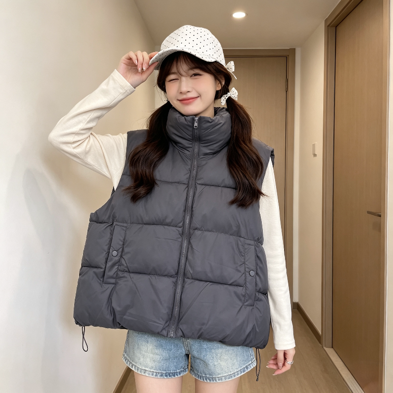 欧货慵懒风宽松大码小个子立领减龄加厚保暖防寒棉服马夹外套女潮