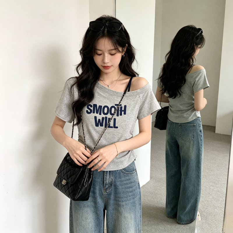 露肩吊带不规则设计感假两件短袖T恤上衣女甜辣风小个子上衣百搭