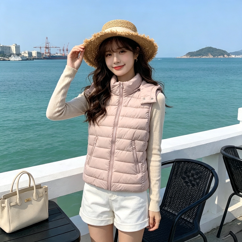 修身连帽设计感小个子无袖坎肩轻薄款排骨服棉衣马夹外套女洋气潮