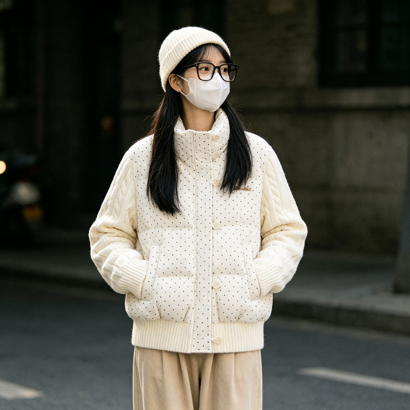 波点立领减龄针织麻花袖子拼接休闲宽松小个子棉服外套女百搭棉袄