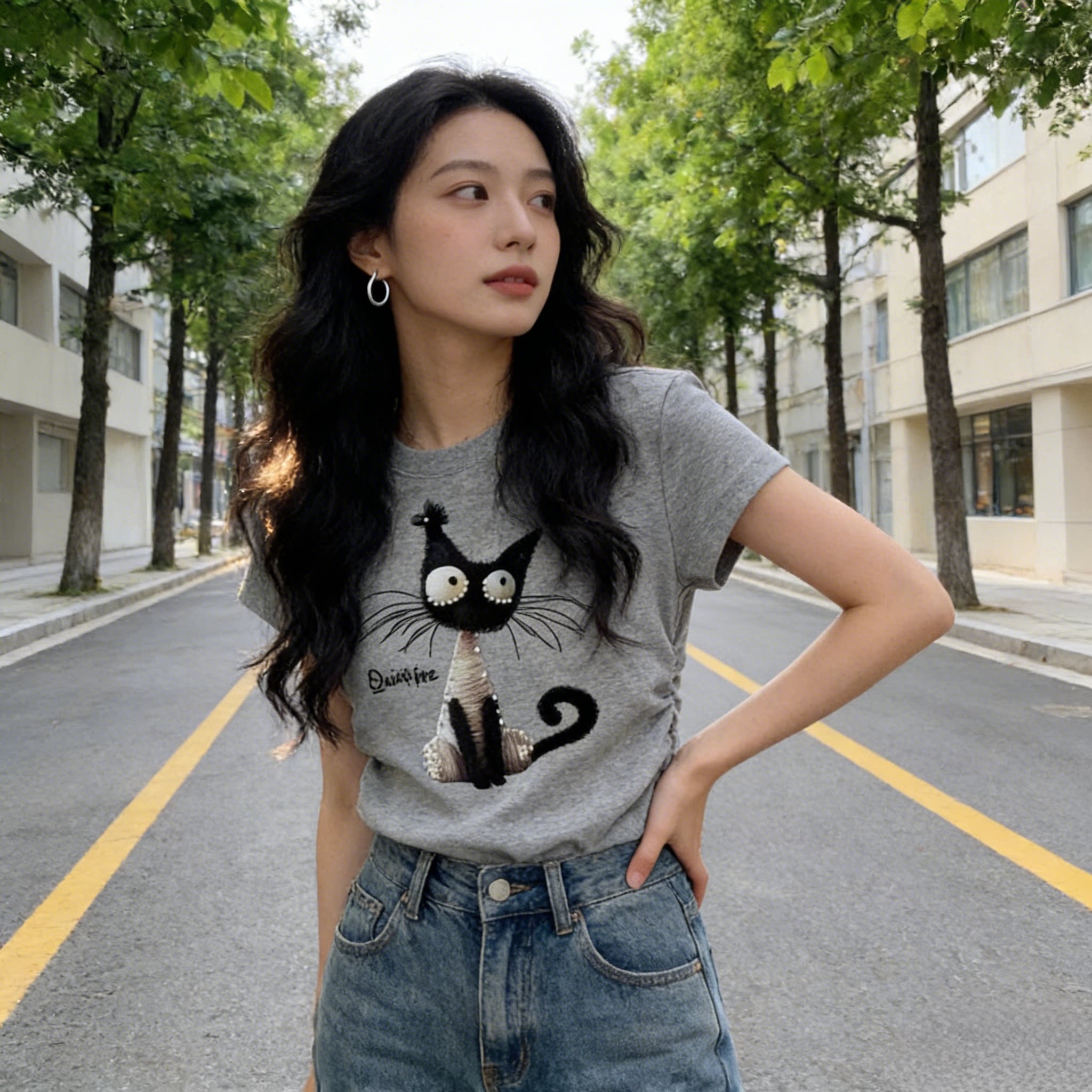 灰色正肩掐腰修身显瘦上衣2026夏季新款小个子圆领短袖T恤女百搭