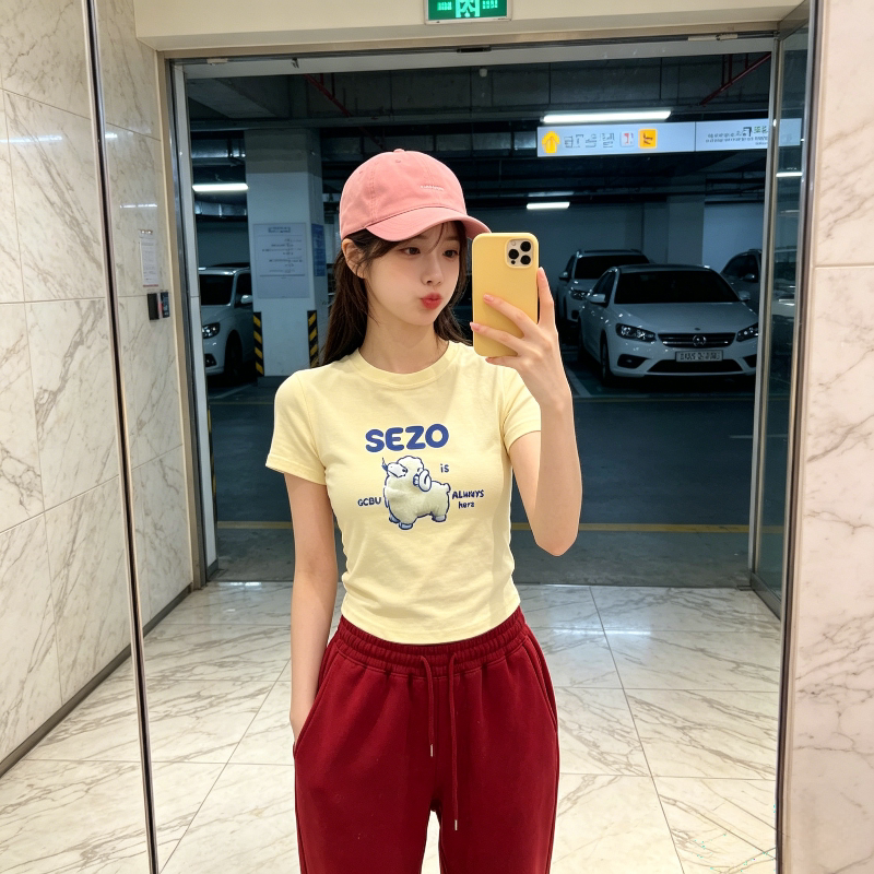 纯欲风修身显瘦正肩圆领短款小众短袖T恤上衣女减龄学生百搭气质