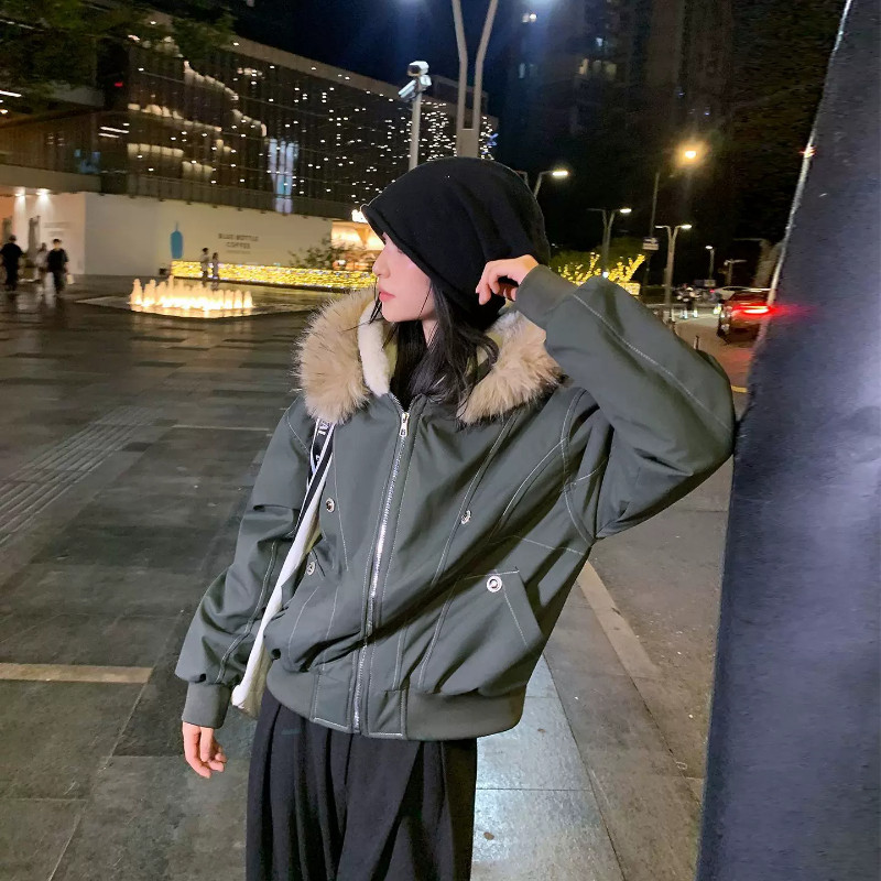 座山雕冬季毛领美式加绒加厚保暖防寒宽松小个子气质棉服外套女潮