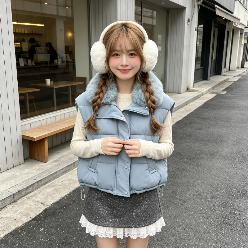 温柔风大毛领设计感短款休闲宽松大码小个子无袖坎肩棉服马夹女潮