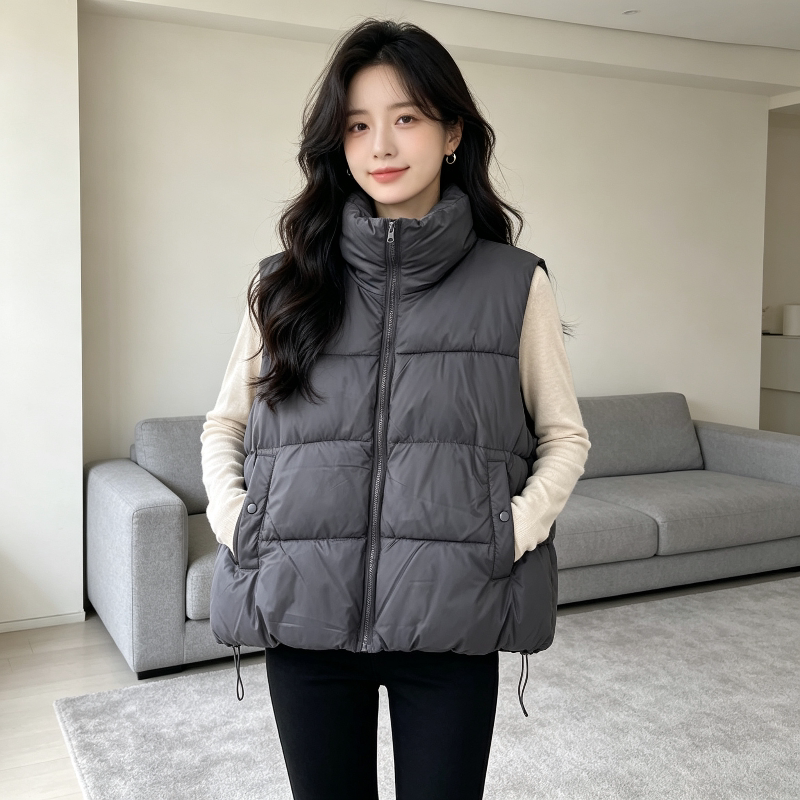 欧货慵懒风宽松大码小个子立领无袖坎肩加厚保暖防寒棉服马夹女潮