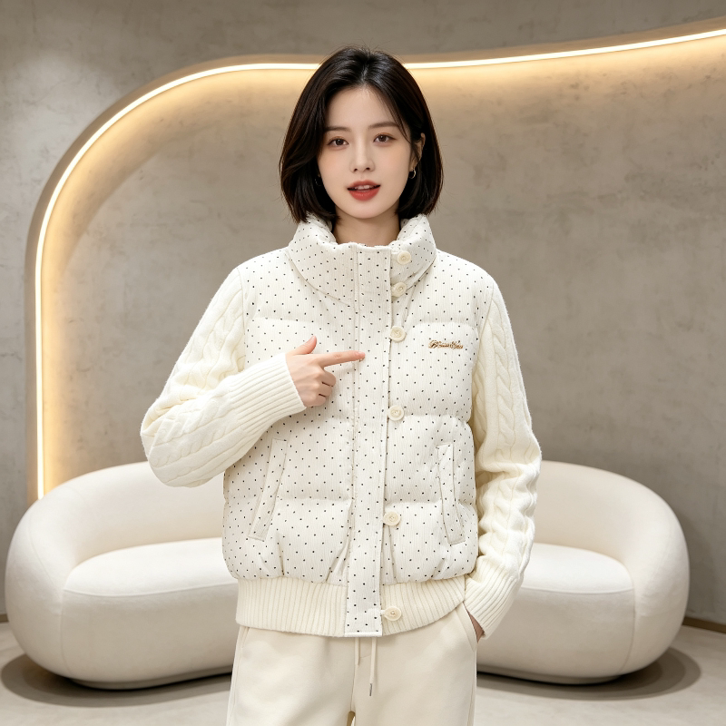 针织麻花袖子设计感收腰显瘦波点减龄小个子棉服外套女加厚保暖潮