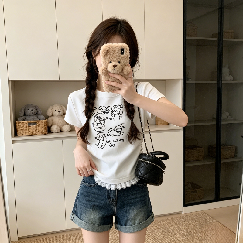 白色温柔风设计感正肩小飞袖蕾丝花边拼接短款小众短袖T恤上衣女